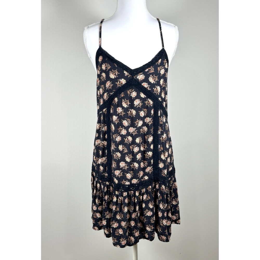 AEO Floral Boho Mini Dress XS Lace Trim Strappy Drop Waist‎ Coquette Dark Fairy